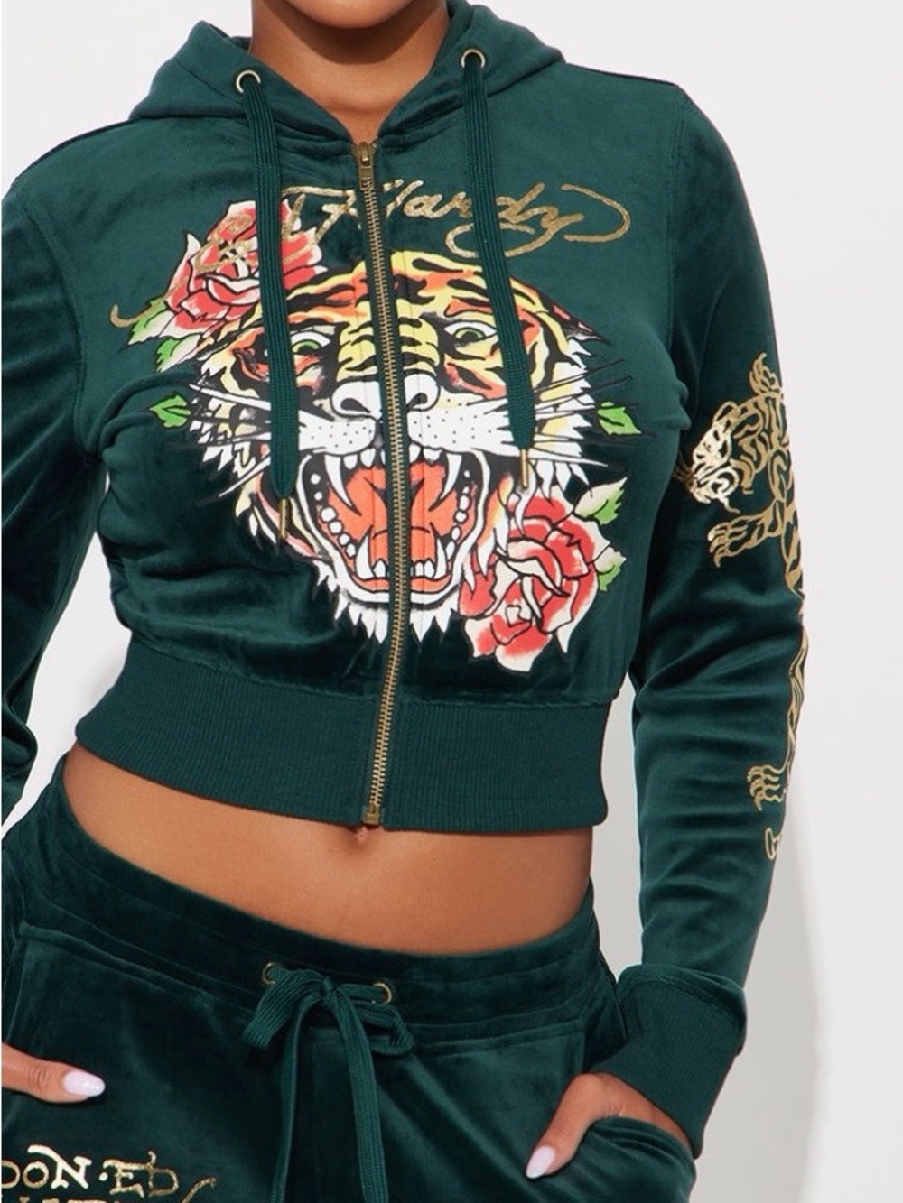Ed Hardy Forest Green Velvet 2-piece Set with Tiger & Rose Graphic 2X